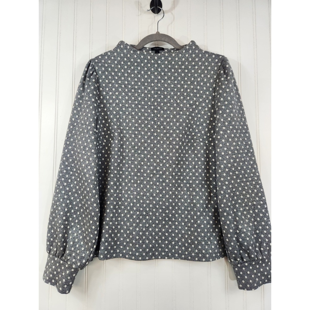 Talbots Womens Gray Metallic Polka Dot Mock Neck Puff Sleeve Blouse Large Glam